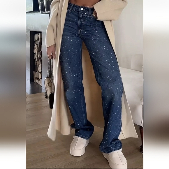 Zara Jewel BEADED JEANS  HIGH WAIST Blue - Picture 3 of 16